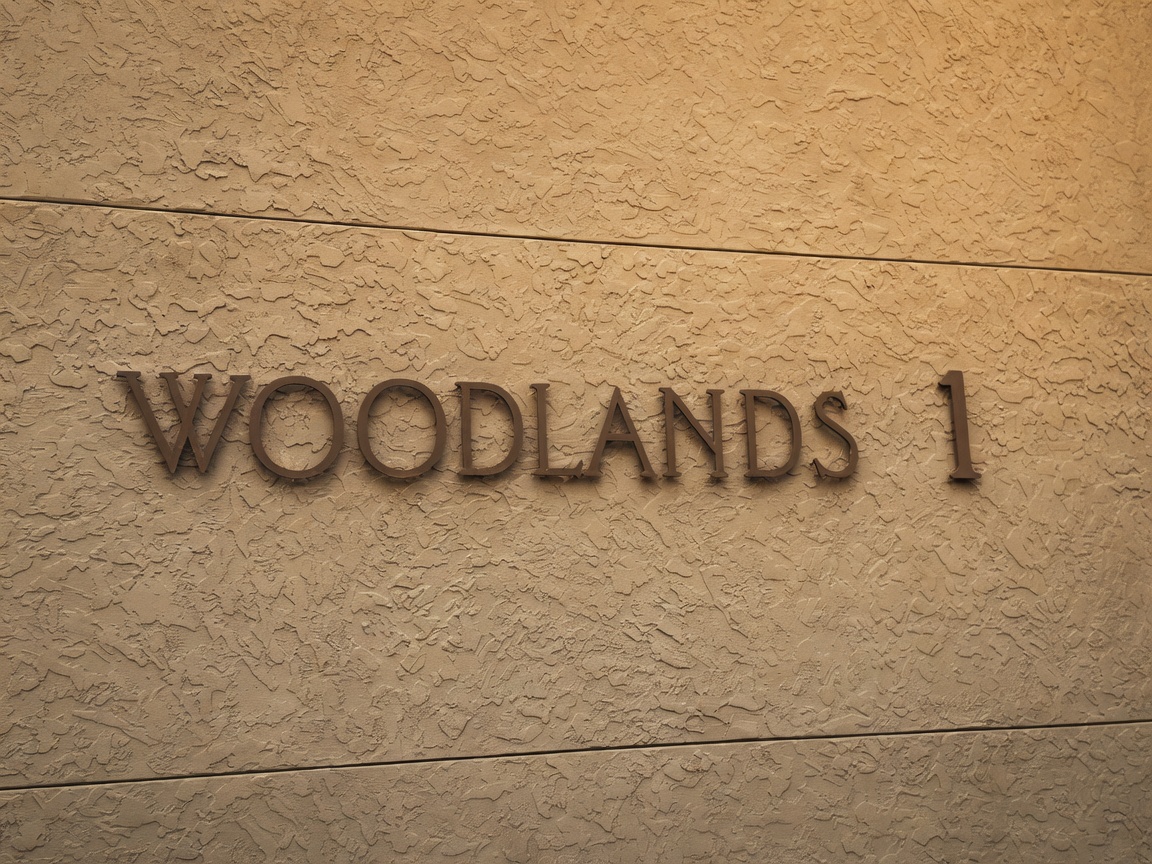 Raised metal WOODLANDS 1 lettering on the stucco facade