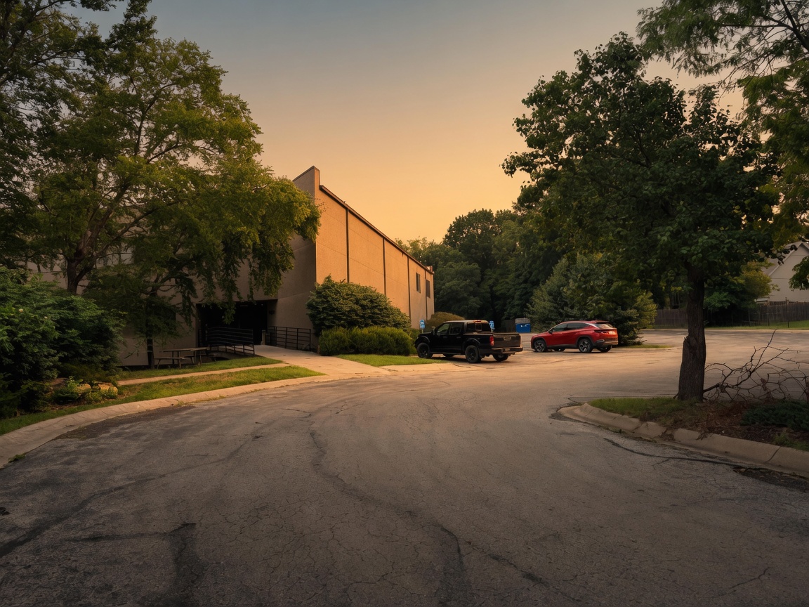 Lower-level campus entrance and parking court at dusk